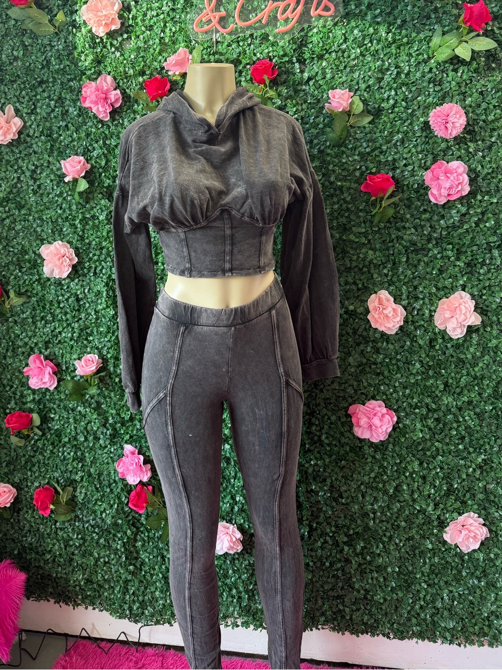 Washed Black High-Waist Leggings & Cropped Hoodie Set